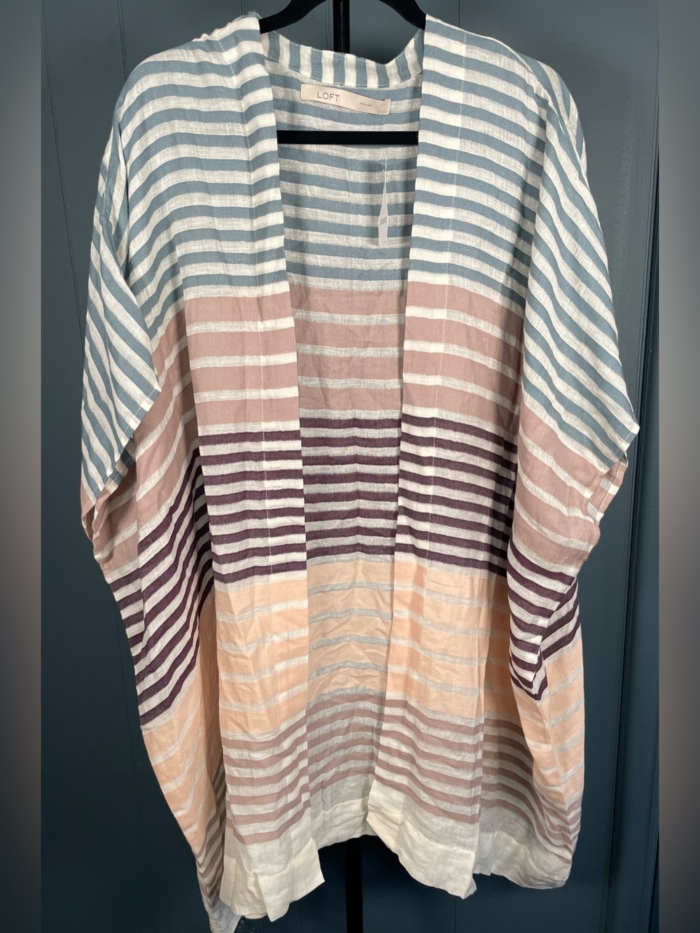 LOFT Striped Kimono Cardigan NWT Coastal Boho Open Front Cover Up Linen Blend OS